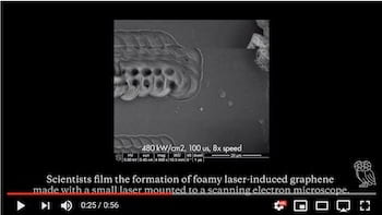 Video of laser-induced graphene being formed under a scanning electron microscope. Produced by the Tour Group at Rice University and Oak Ridge National Laboratory.
