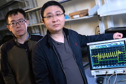 Rice University graduate student Yan He, left, and Kaiyuan Yang, an assistant professor of electrical and computer engineering, will demonstrate their enhanced security strategy for the "internet of things" at the International Solid-State Circuits Conference in San Francisco. (Credit: Jeff Fitlow/Rice University)