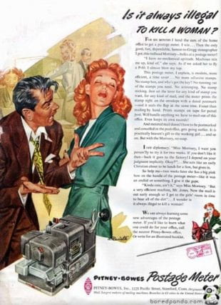 Faines showed this 1953 ad for a postage meter as one of many examples of negative portrayals of women in the medial.