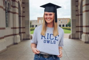 Rice seniors posed for early graduation photos on campus before they had to move out March 25.