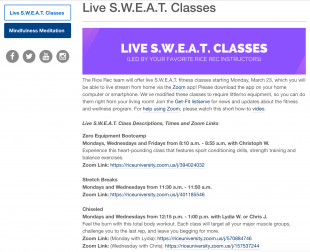 Live workout classes from the Rice Rec Center will be offered over Zoom.