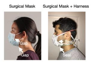 Side by side images show how a silicone rubber harness could allow a surgical mask to seal to the face.