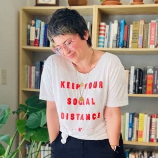 Rice Magazine art director Alese Pickering designed shirts to promote social distancing. Sales benefit the Houston Food Bank and Houston Shift Meal.