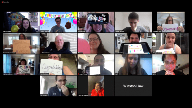 Jessica Khalaf, associate director of programs in the Center for Civic Leadership, organized a group Zoom call to surprise McJunkins with the good news March 9.
