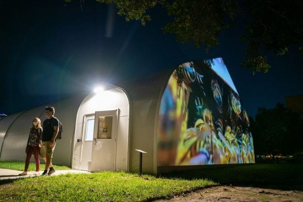 "Hive at Rice" can be seen in a projection every evening through May 2021. (Photo by Brandon Martin)