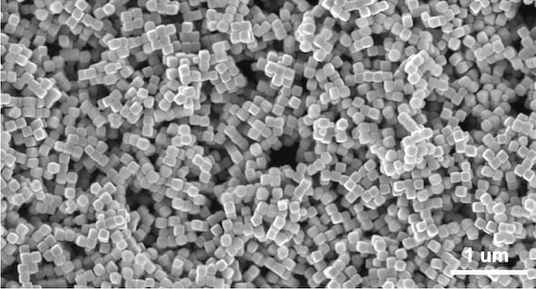 An electron microscope images shows copper nanocubes used by Rice University engineers to catalyze the transformation of carbon monoxide into acetic acid. (Credit: Wang Group/Senftle Group/Rice University)