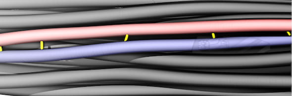 Crosslinks between carbon nanotubes in a bundle are just as important as the length of the tubes to the overall fiber’s strength, according to researchers at Rice University who built a computational model of the phenomenon. (Credit: Evgeni Penev/Rice University)