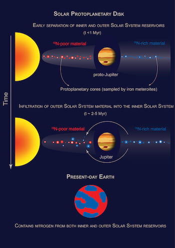 The solar protoplanetary disk was separated into two reservoirs, with the inner solar system material having a lower concentration of nitrogen-15 and the outer solar system material being nitrogen-15 rich. The nitrogen isotope composition of present-day Earth lies in between, according to a new Rice University study that shows it came from both reservoirs. (Credit: Illustration by Amrita P. Vyas)