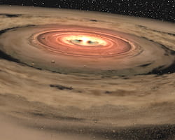 An artist’s conception shows a protoplanetary disk of dust and gas around a young star. New research by Rice University shows that Earth’s nitrogen came from both inner and outer regions of the disk that formed our solar system, contrary to earlier theory. (Credit: NASA/JPL-Caltech)