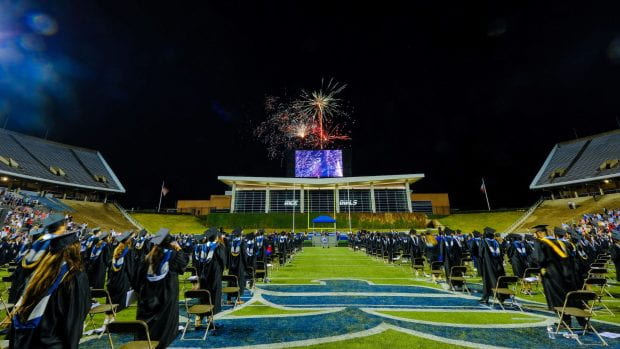 Fireworks burst over Rice Stadium to close out the Class of 2021 commencement.
