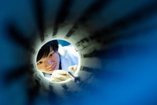 Rice University graduate student Lebing Chen used a high-temperature furnace to make chromium triiodide crystals