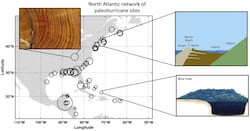 The North Atlantic network of sites that preserve records of hurricanes stretches along the coast from Canada to Central America, but with significant gaps. A new study led by scientists at Rice University shows filling those gaps with data from the mid-Atlantic states will help improve the historical record of storms over the past several thousand years and could aid in predictions of future storms in a time of climate change. Illustration by Elizabeth Wallace