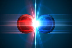 Rice University physicists teamed with colleagues at Europe's Large Hadron Collider to study matter-generating collisions of light. Researchers showed the departure angle of debris from the smashups is subtly distorted by quantum interference patterns in the light prior to impact. The findings will help physicists accurately interpret future experiments aimed at finding "new physics" beyond the Standard Model. (Illustration courtesy of 123rf.com/Rice University)