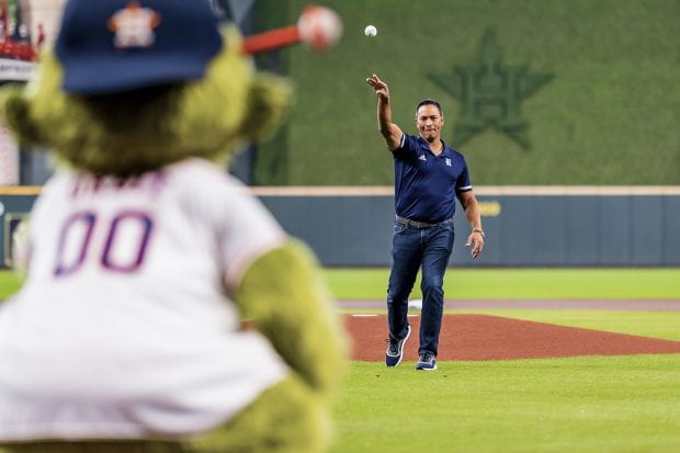 Rice baseball coach José Cruz Jr. threw out the first pitch at the Houston Astros' game against the Arizona Diamondbacks Sept. 19 at Minute Maid Park. He is pictured with his father, José Cruz, in the third photo. (Photos courtesy of Houston Astros)