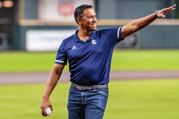 Rice baseball coach José Cruz Jr. threw out the first pitch at the Houston Astros' game against the Arizona Diamondbacks Sept. 19 at Minute Maid Park. He is pictured with his father, José Cruz, in the third photo. (Photos courtesy of Houston Astros)