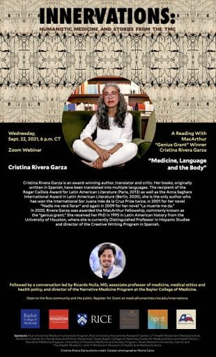Innervations Sept. 22 event flyer for Cristina Rivera Garza