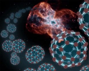 compilation image of space telescope photo and illustrations of buckyballs